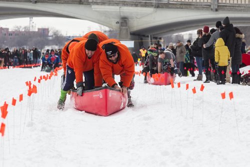 Mike Deal / Winnipeg Free Press Contestants take part in the first annual Wild Winter Canoe Race at The Forks on Louis Riel Day. 160215 - Monday, February 15, 2016