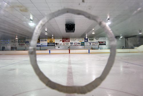 JOE BRYKSA / WINNIPEG FREE PRESS Manitou, Manitoba, Local  advertising inside the Manitou Community Arena as seen from the timers booth, February 16, 2016.( See Randy Turner rural hockey rinks 49.8 story)