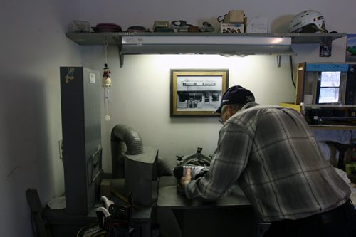 JOE BRYKSA / WINNIPEG FREE PRESS Manitou, Manitoba, Inside Lewis Muellers garage where he operates small skate sharpening business, February 16, 2016.( See Randy Turner rural hockey rinks 49.8 story)