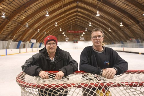 JOE BRYKSA / WINNIPEG FREE PRESSBaldur, Manitoba , Old Baldur, Manitoba hockey rink,Travis Johnon, left and Darcy Dearsley, February 16, 2016.( See Randy Turner rural hockey rinks 49.8 story)