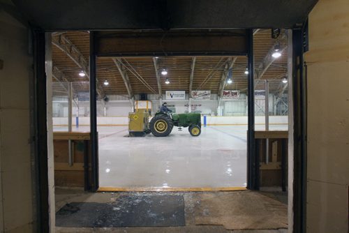 JOE BRYKSA / WINNIPEG FREE PRESS Kenton, Manitoba, Blair Fordyce runs a old tractor and ice maker inside the arena in town, February 16, 2016.( See Randy Turner rural hockey rinks 49.8 story)