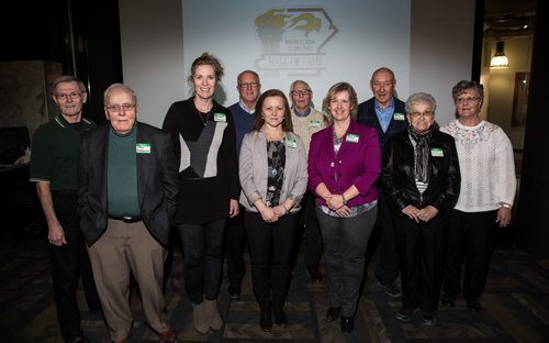 MIKE DEAL / WINNIPEG FREE PRESS Inductees into the Manitoba Curling Hall of Fame were announced at the Manitoba Sports Hall of Fame on Pacific Avenue. From left: Bob Boughey, Jack Borthwick, Maureen Bonar, Ron Westcott, Allison Stewart, Keith Sinclair, Cathy Gauthier, Reg Freeman, Donna Montgomery (for Don Montgomery) and Joan Kitson (for Doug Kitson). 160216 - Tuesday, February 16, 2016