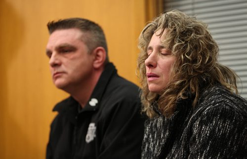 Ruth Bonneville / Winnipeg Free Press Cooper James Nemeth's mom,  Gaylene Nemeth with her husband, Brent by her side, can't hold back tears while at a Winnipeg police news conference on Wednesday, Feb 17, 2016.  Cooper James Nemeth, 17, was last seen in the Valley Gardens area early Sunday morning.