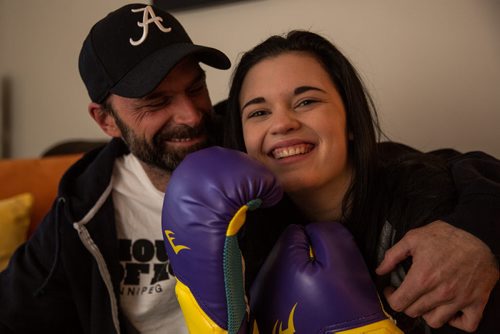 MIKE DEAL / WINNIPEG FREE PRESS Calli Vanderaa, 17, and her dad Corey in their home. Calli has taken up boxing since she was shot last year. See Gord Sinclair story 160217 - Wednesday, February 17, 2016