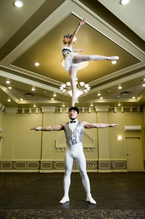 DAVID LIPNOWSKI / WINNIPEG FREE PRESS 160218  Wu Zhongying (top) and Han Guangyou of The Guizhou Culture Exchange Performing Arts Troupe perform Ballet at the Best Western Plus Winnipeg Airport Hotel Thursday February 18, 2016.  The media got a sneak peek of the 2016 Chinese New Year Celebration Show (hosted by Manitoba Great Wall Performing Arts) which featured acrobatics, dance and musical performances. The show is on February 20, 2016, 7 PM, at the Pantages Playhouse Theatre.