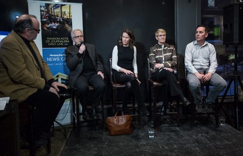 MIKE DEAL / WINNIPEG FREE PRESS The Prairie Theatre Exchange and the Winnipeg Free Press hosting a panel event at the News Cafe to discuss the issues in the PTE show, SEEDS, with playwright, Annabel Soutar (centre), as well as Public & Industry Affairs Director for Monsanto, Trish Jordan (second from right) and Stuart McMillan (right), an Inspector for Canadian Organic Grower. The plays star actor Eric Peterson (second from left) was on hand as well and moderated by Free Press reporter Randel King. 160218 - Thursday, February 18, 2016