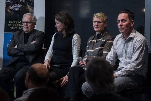 MIKE DEAL / WINNIPEG FREE PRESS The Prairie Theatre Exchange and the Winnipeg Free Press hosting a panel event at the News Cafe to discuss the issues in the PTE show, SEEDS, with playwright, Annabel Soutar (second from left), as well as Public & Industry Affairs Director for Monsanto, Trish Jordan (second from right) and Stuart McMillan (right), an Inspector for Canadian Organic Grower. The plays star actor Eric Peterson (left) was on hand as well and moderated by Free Press reporter Randel King. 160218 - Thursday, February 18, 2016