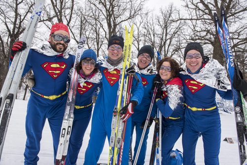 DAVID LIPNOWSKI / WINNIPEG FREE PRESS  Defending champion team, "Energy in motion Manitoba Hydro"  prior to the start of Get Off Your Butt and Ski event at Windsor Park Nordic Centre Saturday February 20, 2016.