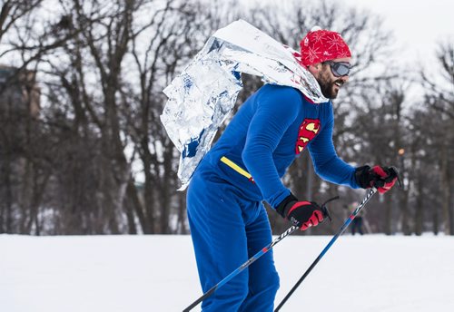DAVID LIPNOWSKI / WINNIPEG FREE PRESS  Colin Joyal a.ka.a Mr. Razor of the Defending champions, Energy In Motion Manitoba Hydro team during the Get Off Your Butt and Ski event at Windsor Park Nordic Centre Saturday February 20, 2016.