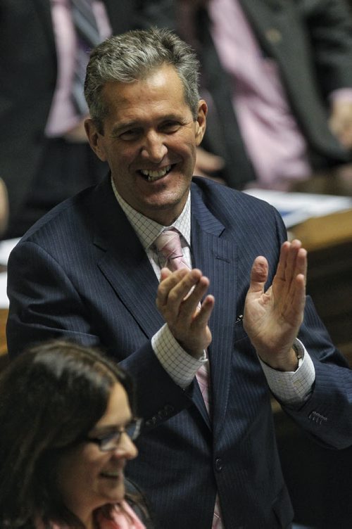 MIKE DEAL / WINNIPEG FREE PRESS Leader of the opposition Brian Pallister offers congratulations to the Speaker of the House Honourable Daryl Reid at the start of the 5th Session of the 40th Manitoba Legislature, Wednesday afternoon. 160224 February 24, 2016