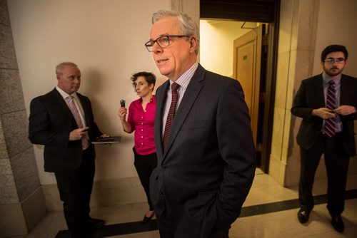 MIKE DEAL / WINNIPEG FREE PRESS Premier Greg Selinger speaks to the media after question period on the first day of the fifth session of the fortieth Manitoba Legislature Wednesday afternoon. 160224 - Wednesday, February 24, 2016