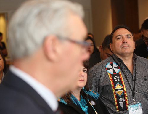JOE BRYKSA / WINNIPEG FREE PRESS  Hundreds participated at the Second National Roundtable on Missing and Murdered Indigenous Women and Girls in Winnipeg Feb. 24 to 26, National Chief Perry Bellegarde, listens to Manitoba Premier Greg Selinger February 25, 2016.( See Alex Paul story)