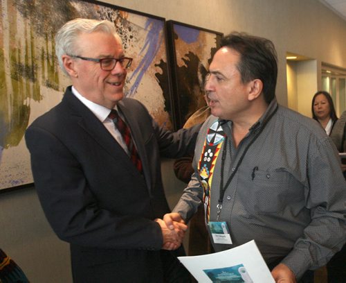 JOE BRYKSA / WINNIPEG FREE PRESS  Hundreds participated at the Second National Roundtable on Missing and Murdered Indigenous Women and Girls in Winnipeg Feb. 24 to 26, National Chief Perry Bellegarde, greets Manitoba Premier Greg Selinger February 25, 2016.( See Alex Paul story)