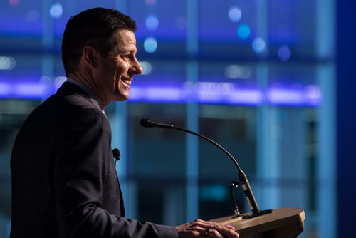 MIKE DEAL / WINNIPEG FREE PRESS Winnipeg Mayor Brian Bowman gives his State of the City address to the who's who of Winnipeg during the annual Winnipeg Chamber of Commerce luncheon at the RBC Convention Centre Thursday. 160225 - Thursday, February 25, 2016