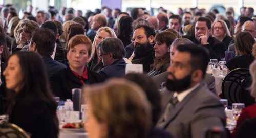 MIKE DEAL / WINNIPEG FREE PRESS A large crowd listens to Winnipeg Mayor Brian Bowman's State of the City address during the annual Winnipeg Chamber of Commerce luncheon at the RBC Convention Centre Thursday. 160225 - Thursday, February 25, 2016