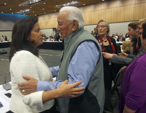 JOE BRYKSA / WINNIPEG FREE PRESS  Elmer Couchene- Elders Council Assembly of First Nations  embraces Federal Justice Minister / Attorney General Jody Wilson- Raybould  at the Second National Roundtable on Missing and Murdered Indigenous Women and Girls in Winnipeg Feb 26, at the RBC Convention Centre  February 26, 2016.( See Bill Redekop story)