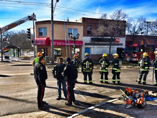 BORIS MINKEVICH / WINNIPEG FREE PRESS Fire crews work tirelessly at the 2 alarm fire in the old Legion on Sargent and Maryland. Photo taken February 26, 2016