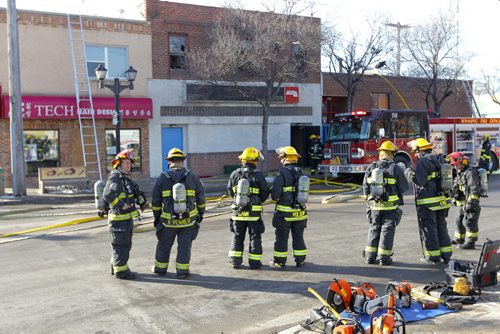 BORIS MINKEVICH / WINNIPEG FREE PRESS Fire crews work tirelessly to manage the 2 alarm fire in the old #1 Legion on Sargent and Maryland. Photo taken February 26, 2016
