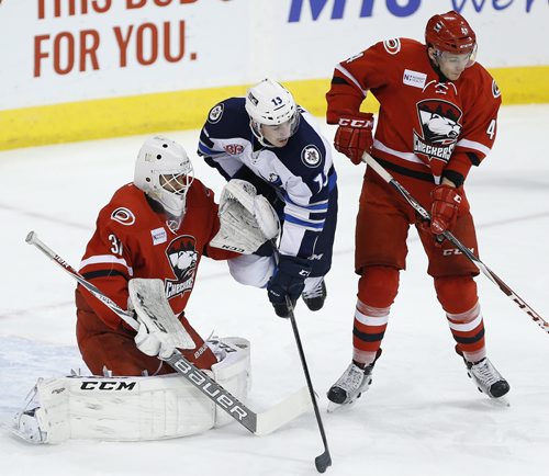 JOHN WOODS / WINNIPEG FREE PRESS Manitoba Moose Nic Petan (13) gets in the face of Charlotte Checkers goaltender Daniel Altshuller (31) as Keegan Lowe (4) defends during first period AHL action in Winnipeg on Sunday, February 28, 2016.