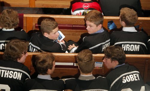 BORIS MINKEVICH / WINNIPEG FREE PRESS Cooper Nemeth funeral at the Calvary Temple in Winnipeg, MB. Possible members from his hockey team. Photo taken February 29, 2016