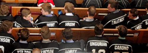 BORIS MINKEVICH / WINNIPEG FREE PRESS Cooper Nemeth funeral at the Calvary Temple in Winnipeg, MB. Possible members from his hockey team. Photo taken February 29, 2016