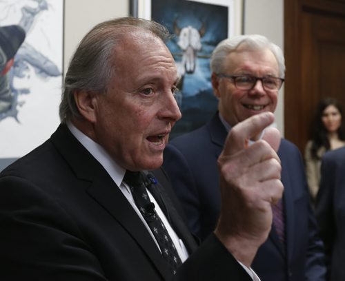 WAYNE GLOWACKI / WINNIPEG FREE PRESS    
   At left, Ron Lemieux with Premier Greg Selinger at his side announced Tuesday morning at a news conference in his office in the Manitoba Legislative building he won't seek re-election. Larry Kusch story.  March 1 2016