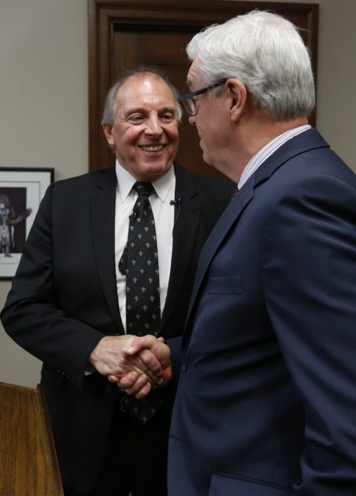 WAYNE GLOWACKI / WINNIPEG FREE PRESS    
  At left, Ron Lemieux with Premier Greg Selinger at his side announced Tuesday morning at a news conference in his office in the Manitoba Legislative building he won't seek re-election. Larry Kusch story.  March 1 2016