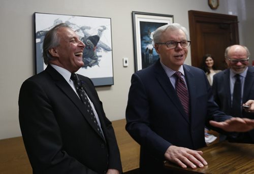 WAYNE GLOWACKI / WINNIPEG FREE PRESS    
 At left, Ron Lemieux with Premier Greg Selinger at his side announced Tuesday morning at a news conference in his office in the Manitoba Legislative building he won't seek re-election. Larry Kusch story.  March 1 2016