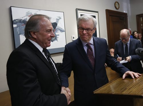 WAYNE GLOWACKI / WINNIPEG FREE PRESS   
    At left, Ron Lemieux with Premier Greg Selinger at his side announced Tuesday morning at a news conference in his office in the Manitoba Legislative building he won't seek re-election. Larry Kusch story.  March 1 2016