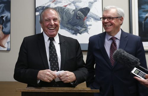 WAYNE GLOWACKI / WINNIPEG FREE PRESS   
    At left, Ron Lemieux with Premier Greg Selinger at his side announced Tuesday morning at a news conference in his office in the Manitoba Legislative building he won't seek re-election. Larry Kusch story.  March 1 2016