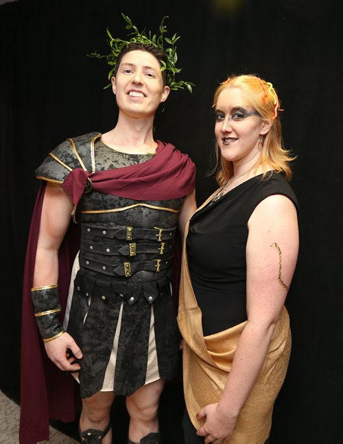 JASON HALSTEAD / WINNIPEG FREE PRESS  L-R: Food and beverage committee members Alan McGreevy and Christina Fawcett in costume at Art & Soul: Clash Of The Titans, the annual themed party event at the Winnipeg Art Gallery (WAG) on Feb. 20, 2016. All funds raised benefit the WAG. The event, themed around the current exhibit Olympus: The Greco-Roman Collections of Berlin, featured entertainment by Memetic DJs f(eaturing Nathan Zahn & Brent Produniuk), DJ Co-op, DJ Hunnicutt and the Lytics featuring DJ Zuki. (See Social Page)