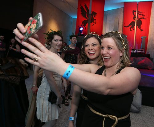 JASON HALSTEAD / WINNIPEG FREE PRESS  L-R: Organizing committee members Erin Crymble and Karli Colpits  snap a selfie a at Art & Soul: Clash Of The Titans, the annual themed party event at the Winnipeg Art Gallery (WAG) on Feb. 20, 2016. All funds raised benefit the WAG. The event, themed around the current exhibit Olympus: The Greco-Roman Collections of Berlin, featured entertainment by Memetic DJs f(eaturing Nathan Zahn & Brent Produniuk), DJ Co-op, DJ Hunnicutt and the Lytics featuring DJ Zuki. (See Social Page)