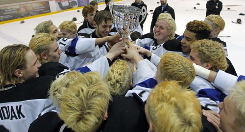 BORIS MINKEVICH / WINNIPEG FREE PRESS The Oak Park Raiders win the high school hockey championships at MTS IcePlex 3-2 over the Vincent Massey Trojans. This was game 3 of the series. Photo taken March 02, 2016
