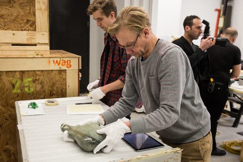 MIKE DEAL / WINNIPEG FREE PRESS A tour of the WAG where they are opening 300 crates holding nearly 8,000 Inuit art pieces that have been loaned to the gallery from the Nunavut Government.  Employees catalog each piece as it is uncrated. 160303 - Thursday, March 03, 2016