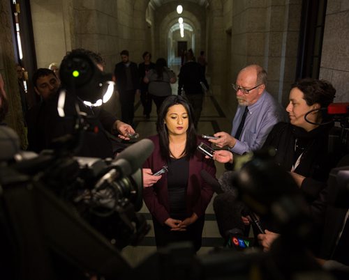 MIKE DEAL / WINNIPEG FREE PRESS Rana Bokhara leader of the Manitoba Liberal Party makes a statement after Question Period regarding one of her candidates, Jamie Hall, who came under fire for social media statements that were derogatory to women.  160303 - Thursday, March 03, 2016