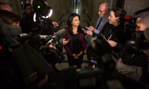 MIKE DEAL / WINNIPEG FREE PRESS Rana Bokhara leader of the Manitoba Liberal Party makes a statement after Question Period regarding one of her candidates, Jamie Hall, who came under fire for social media statements that were derogatory to women.  160303 - Thursday, March 03, 2016