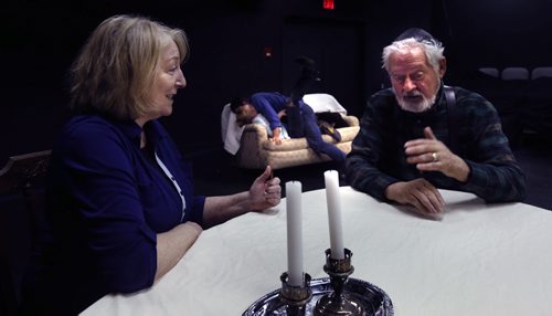 WAYNE GLOWACKI / WINNIPEG FREE PRESS   
    Actors, Harry Nelken and Patricia Hunter at the dinner table with Andrew Cecon and Tracy Penner getting comfortable on the sofa in a scene from the play Shiksa that is part of So Nu, a festival of new plays at Winnipeg Jewish Theatre, which opens Wednesday, March 9 in the Berney Theatre. (This rehearsal was held at the PTE.)  Randall King story. March 3 2016