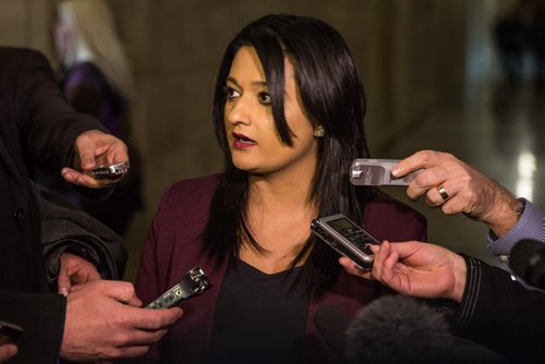 MIKE DEAL / WINNIPEG FREE PRESS Rana Bokhara leader of the Manitoba Liberal Party makes a statement after Question Period regarding one of her candidates, Jamie Hall, who came under fire for social media statements that were derogatory to women.  160303 - Thursday, March 03, 2016