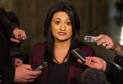 MIKE DEAL / WINNIPEG FREE PRESS Rana Bokhara leader of the Manitoba Liberal Party makes a statement after Question Period regarding one of her candidates, Jamie Hall, who came under fire for social media statements that were derogatory to women.  160303 - Thursday, March 03, 2016