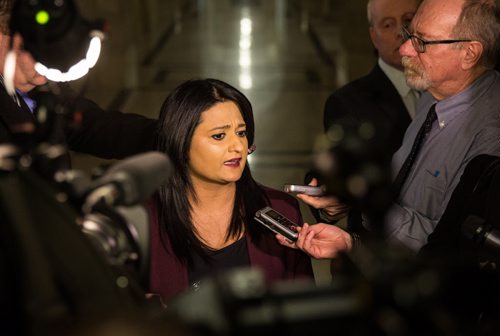 MIKE DEAL / WINNIPEG FREE PRESS Rana Bokhara leader of the Manitoba Liberal Party makes a statement after Question Period regarding one of her candidates, Jamie Hall, who came under fire for social media statements that were derogatory to women.  160303 - Thursday, March 03, 2016