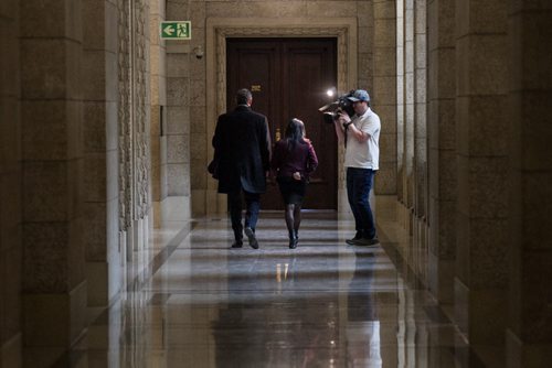 MIKE DEAL / WINNIPEG FREE PRESS Rana Bokhara leader of the Manitoba Liberal Party walks down the hall after making a statement regarding one of her candidates, Jamie Hall, who came under fire for social media statements that were derogatory to women.  160303 - Thursday, March 03, 2016