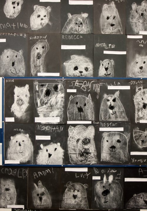 JOE BRYKSA / WINNIPEG FREE PRESS  The polar bear art project by the nursery class at Mulvey School in Winnipeg. Nursery school teacher Susanna Gomes says her students picked polar bears as part of an emergent curriculum where the students lead the projects they choose. Along with these charcoal sketches, the students have created paper mache sculptures and have learned lessons off a life-sized sketch in the classroom. March 04, 2016.(Standup Photo)
