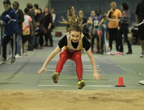 RUTH BONNEVILLE / WINNIPEG FREE PRESS Nine-year-old Victoria  Culbert compete in long jump event at the Pee Wee level  at the 2016 Boeing Indoor Classic at James Daly Fieldhouse Friday evening.   March 4th, 2016