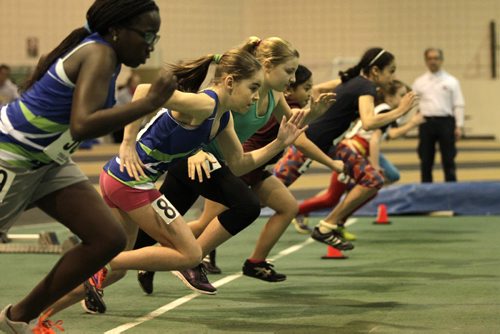 RUTH BONNEVILLE / WINNIPEG FREE PRESS Girls compete in the 60m dash in the pee wee division at the 2016 Boeing Indoor Classic at James Daly Fieldhouse Friday evening.   March 4th, 2016