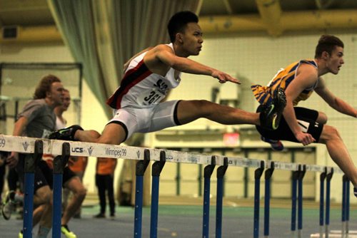 RUTH BONNEVILLE / WINNIPEG FREE PRESS Derrick Deleon of Sisler High School competes in the Youth, 60 meter hurdles event at the 2016 Boeing Indoor Classic at James Daly Fieldhouse Friday evening.   March 4th, 2016