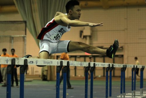 RUTH BONNEVILLE / WINNIPEG FREE PRESS Derrick Deleon of Sisler High School does a practice run in the 60 meter hurdles before competing at the 2016 Boeing Indoor Classic at James Daly Fieldhouse Friday evening.   March 4th, 2016