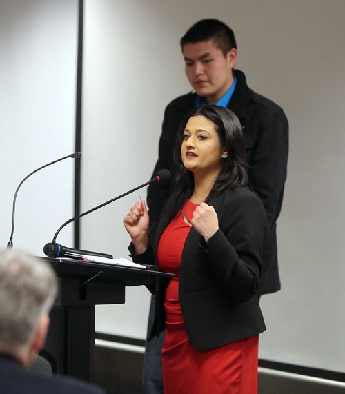 JASON HALSTEAD / WINNIPEG FREE PRESS  Liberal leader Rana Bokhari introduces The Pas candidate Tyler Duncan at the Manitoba Liberal Party Annual General Meeting at the Holiday Inn Airport on March 5, 2016. (See Kusch story)