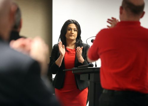 JASON HALSTEAD / WINNIPEG FREE PRESS  Liberal leader Rana Bokhari introduces at the Manitoba Liberal Party Annual General Meeting at the Holiday Inn Airport on March 5, 2016. (See Kusch story)