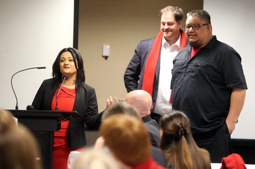JASON HALSTEAD / WINNIPEG FREE PRESS  Liberal leader Rana Bokhari introduces Portage la Prairie  candidate Stephen Prince (right) at the Manitoba Liberal Party Annual General Meeting at the Holiday Inn Airport on March 5, 2016. At rear was St. Johns candidate Noel Bernier. (See Kusch story)