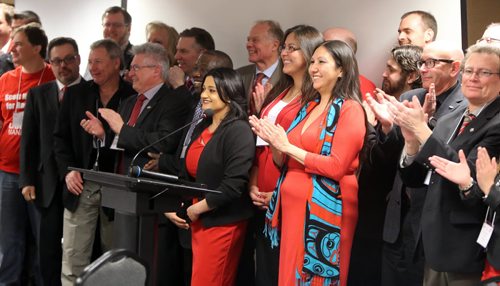 JASON HALSTEAD / WINNIPEG FREE PRESS  Liberal leader Rana Bokhari with the party's candidates at the Manitoba Liberal Party Annual General Meeting at the Holiday Inn Airport on March 5, 2016. (See Kusch story)